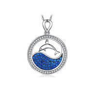 Fashion jewelry design 925 sterling silver women blue CZ dolphin in the sea Pendant necklace