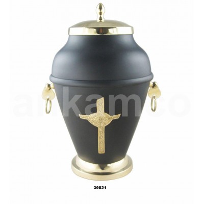 Black Engraved Gold Cross Brass European Funeral Urn