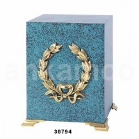 Blue Marble Brass Cube Urns With Gold Wreath